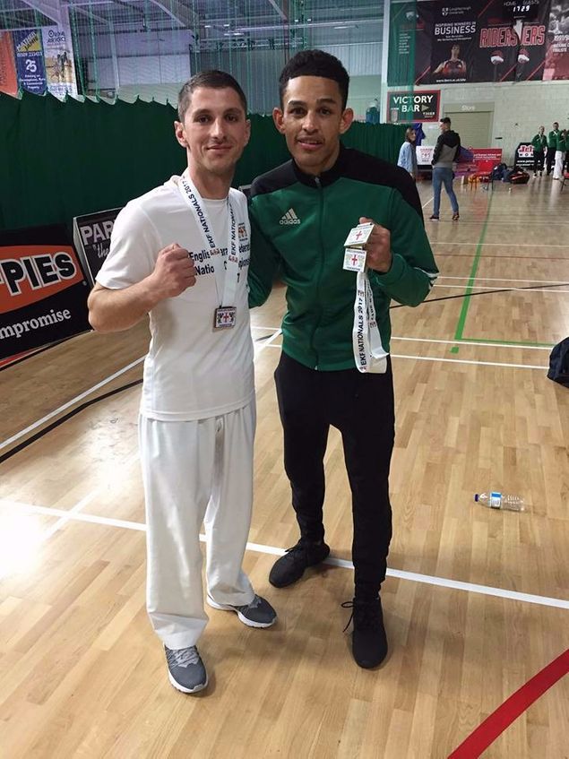 Fantastic Results for Halil from Harrow Shotokan winning Bronze in the -67KG Seniors Kumite at the EKF National Championships. 
Halil here pictured with the winner of the category, WKF World Champion Jordan Thomas. 