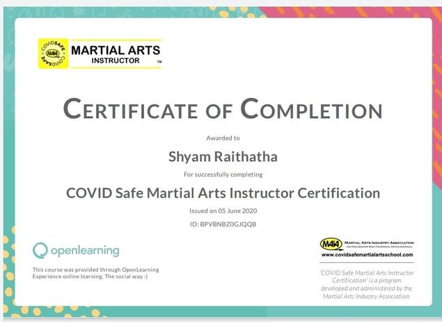 Sensei Shyam and Sensei Anas both completed their Covid Safe Certification for Martial Arts Instructors on Friday 5th June. It is not required by law, but the safety of our students is paramount and as a responsible club, we sat the course and exam for the benefit of our students. 